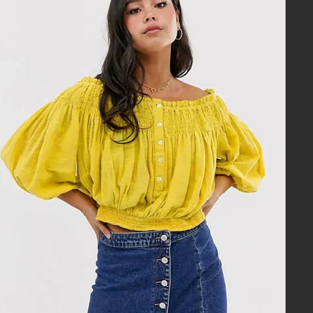 Free People Yellow Smocked Puff Sleeve Blouse